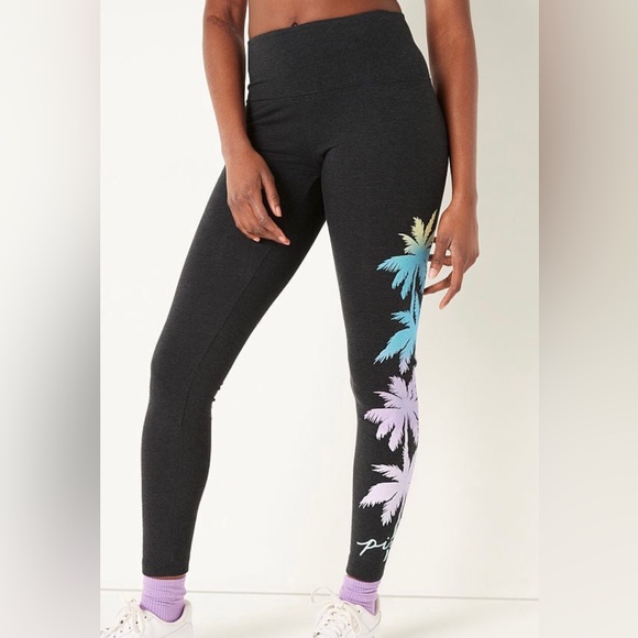 NWT VICTORIA SECRET/PINK COTTON HIGH WAIST LEGGINGS-Gradient Palm Tree Graphic - Picture 1 of 6